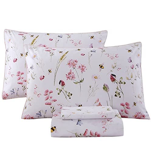 RYNGHIPY Shabby Floral Bees Print Bedding Sheets with Pillowcases, Breathable Egyptian Cotton Bed Sheet Set (Bee,King Size)