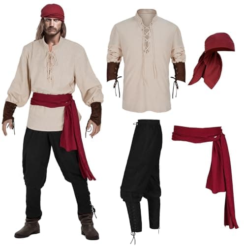 Teyujosem Men's Pirate Costume Set 4 PCS Medieval Renaissance Shirt Viking Ankle Banded Pants Halloween Costume(Z3601F,L)