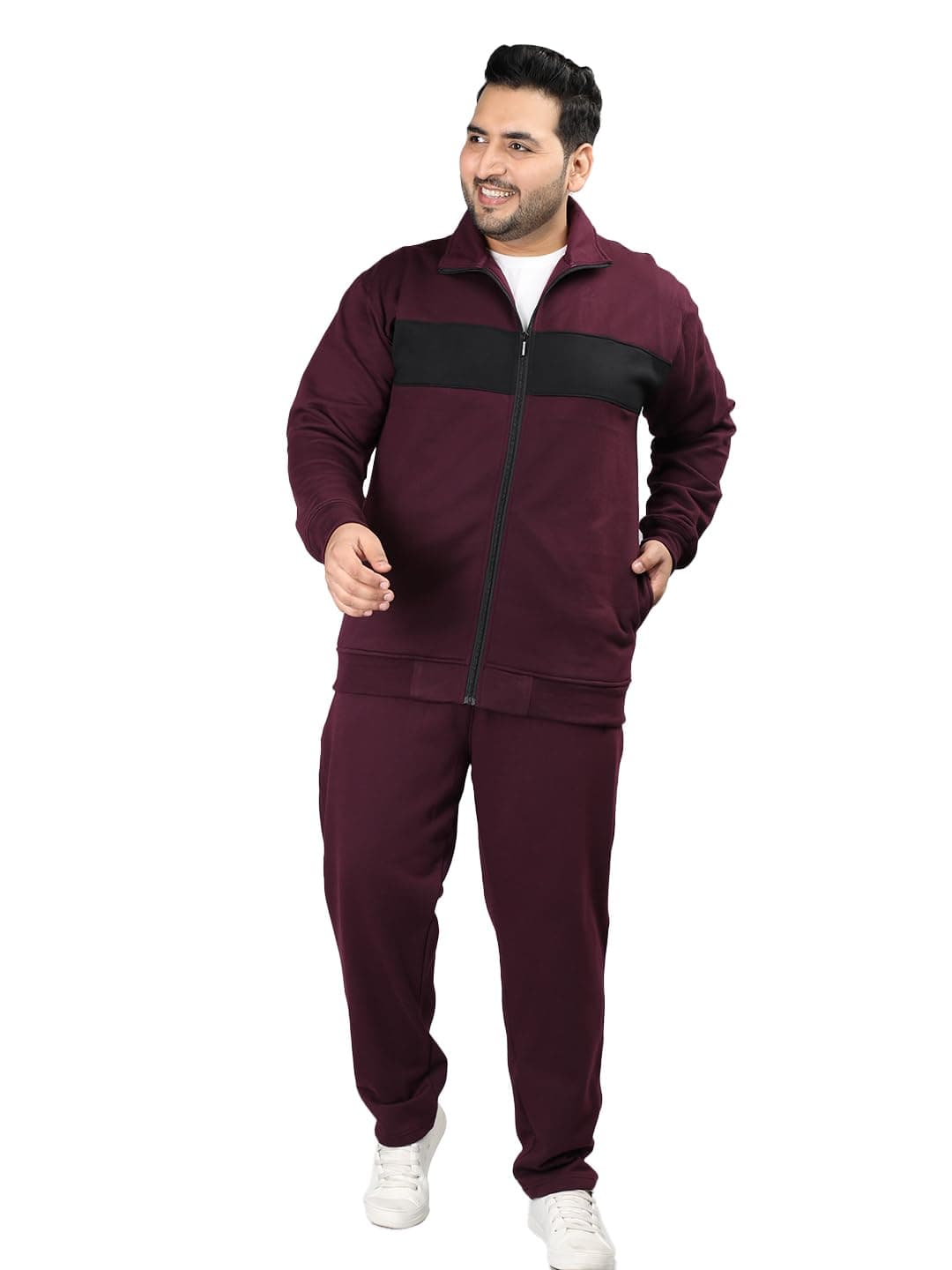 CHKOKKO Mens Plus Size High Neck Winter Tracksuit Full Zip Jacket with Elastic Waist Lower Warm Soft Jogging Suit Activewear Set for Gym Running and Casual Wear Wine Black S