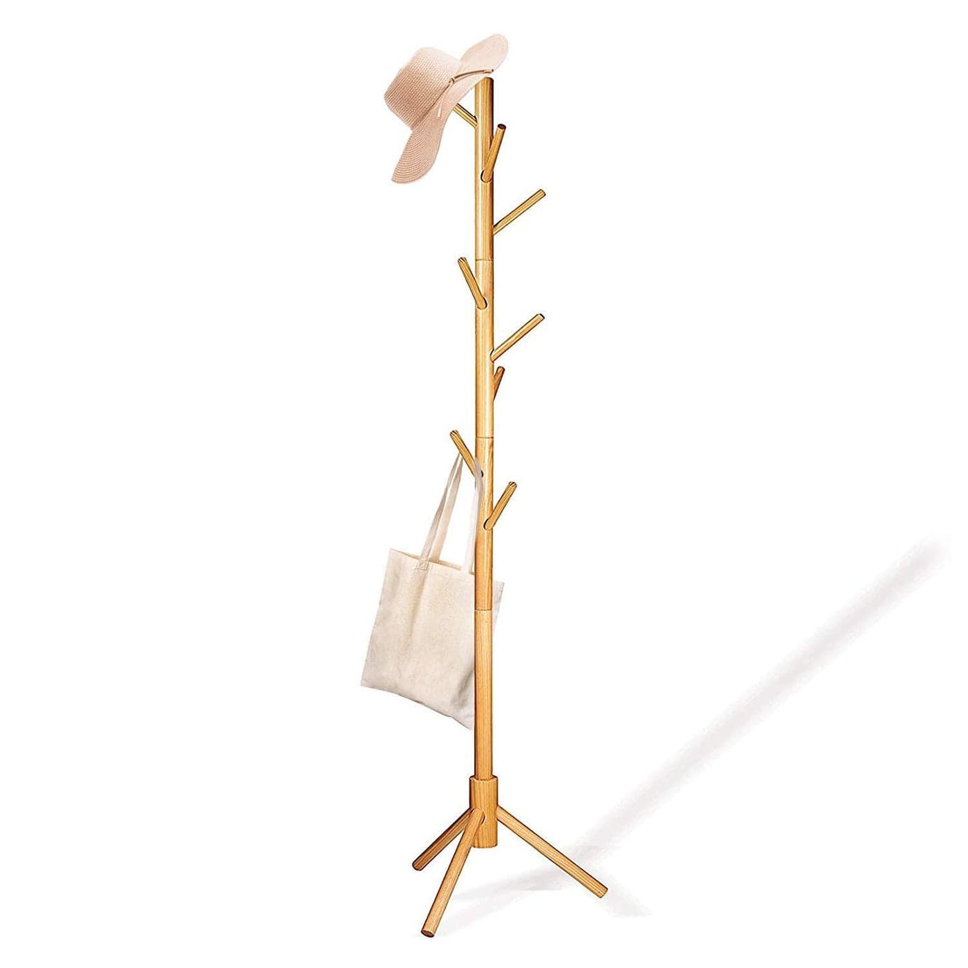 STAR WORK Wooden Coat Rack StandSINMON Free Standing 8Hooks Solid Wood Hall Tree Rack Hat Hanger Clothes Rack with Round Base for Purse Scarves Handbags Umbrella 175 CM