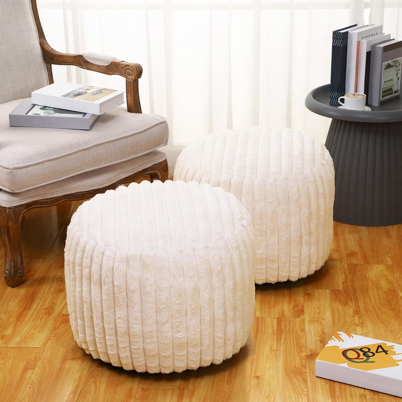 Teenyyou 2 Pcs 20 x 15 Inch Unstuffed Pouf Cover Ottoman Foot Rest No Filler Faux Rabbit Fur Foot Stool Floor Bean Bag Floor Chair Storage for Living Room Bedroom Home DecorBeige