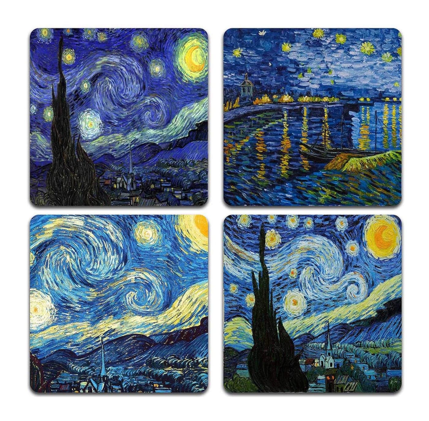 Van Gogh Style Watercolor Painting Square Coaster Set Made of Recycled Rubber Set of 4