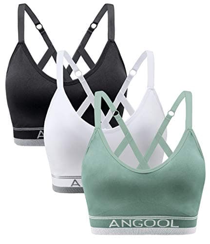 ANGOOL Strappy Sports Bra for Women, Longline Medium Support Yoga Bra Wirefree Padded Sports Bra with Adjustable Straps Green 3Pack