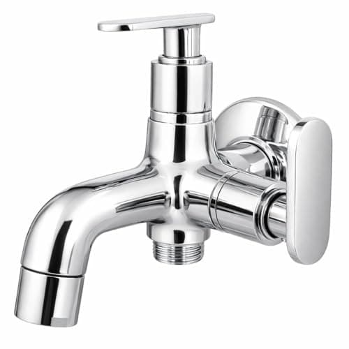 10x Bib Tap 2 Way BC- 2243 15 MM | Dual Outlet Wall Mounted Tap with Aerator | Heavy Brass Cartridge | Chrome Plated | Compatible with Health Faucet/Jet Spray