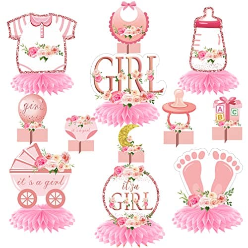 Aodocuto 12Pcs Pink Rose Gold Baby Shower Decorations Honeycomb Centerpieces for Girls Floral Its a Girl Gender Reveal Table Centerpiece Party Supplies Baby Girl Pregnancy Announcement Table Topper