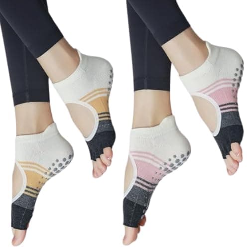 XFyt Cotton Blend Pack Of 2 Open Toe Yoga Ankle Length Socks For Women | Ideal For Workouts/Pilates/Dance | Anti Slip Breathable Woman Socks (Yellow & Pink)