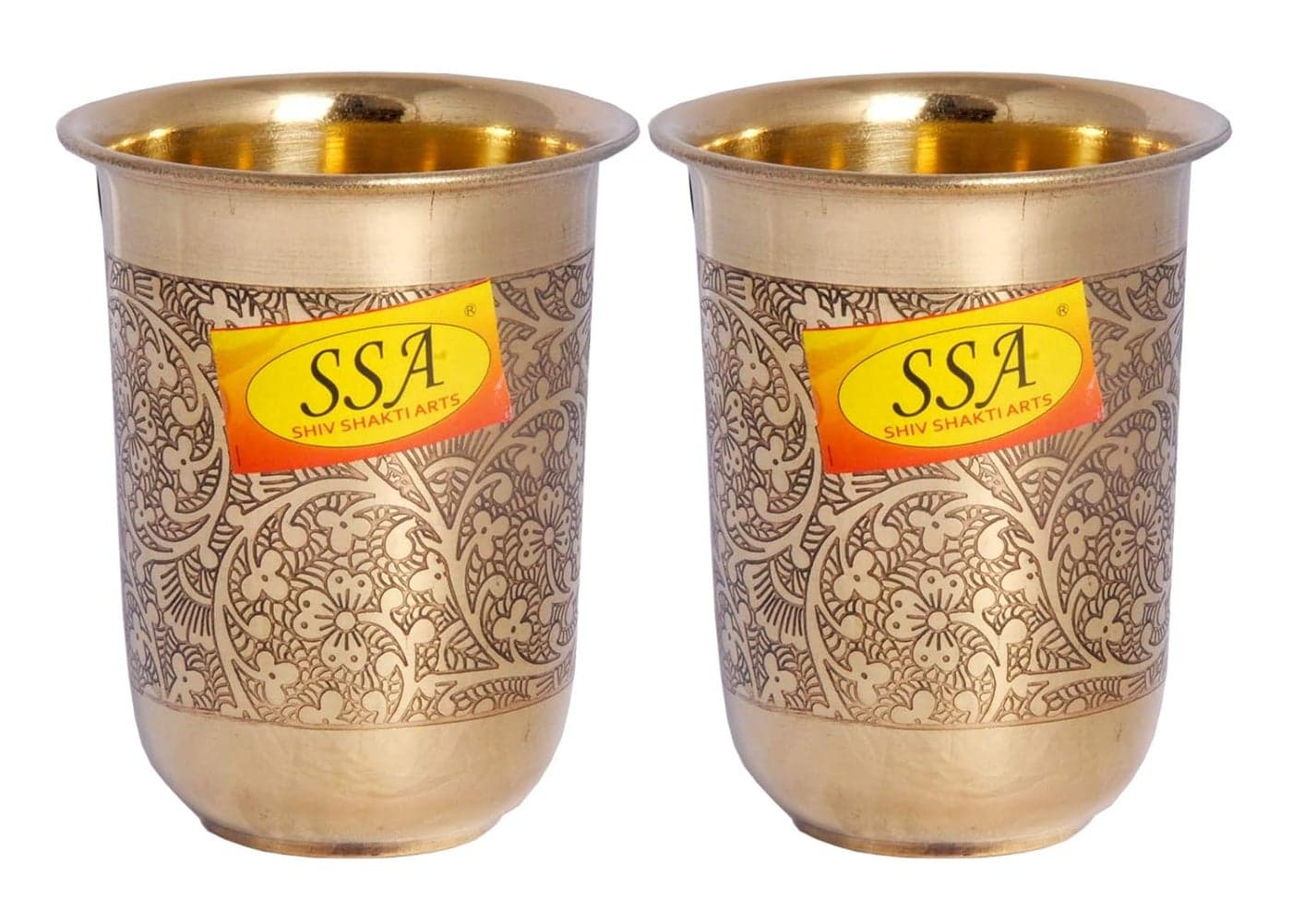 SHIV SHAKTI ARTS Pure Brass Glass Tumbler Cup Embossed Curved Polo Design for Drinking Serving Water2 Pcs Vol 250 ML Each