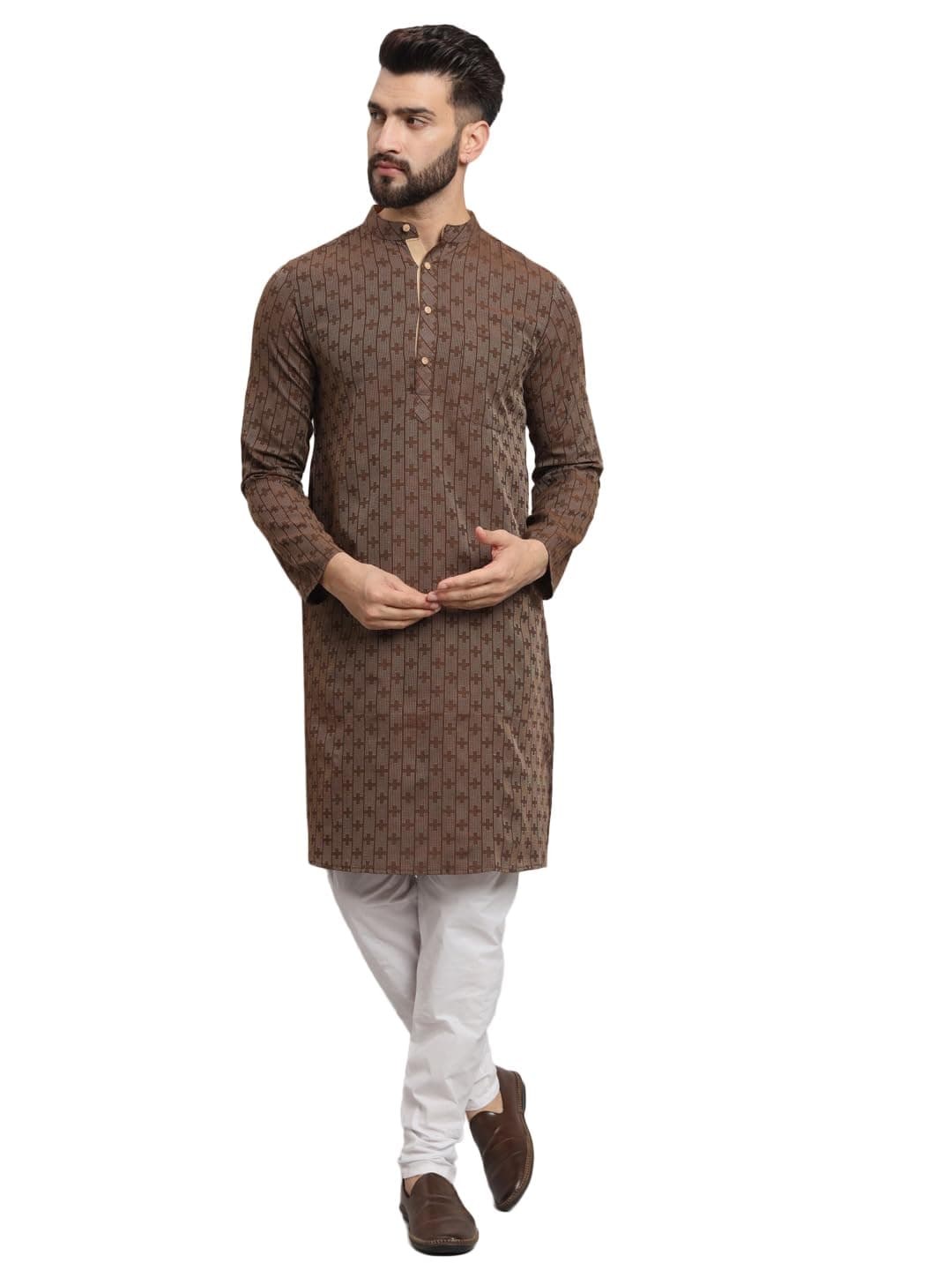 LATEST CHIKAN Men's Cotton Regular Striped Knee Lenght Kurta Full Sleeves - LK_+_BR-44 Brown