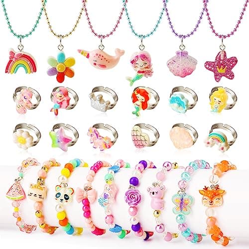 Little Girl Jewelry Set Princess Jewelry for Toddler Girls 46 35 Gifts for 5 Year Old Girls Toys Kids Play Necklaces Rings Bracelets 68 Mermaid Costume Dress Up Jewelry 3 4 6 7 Childrens Gift