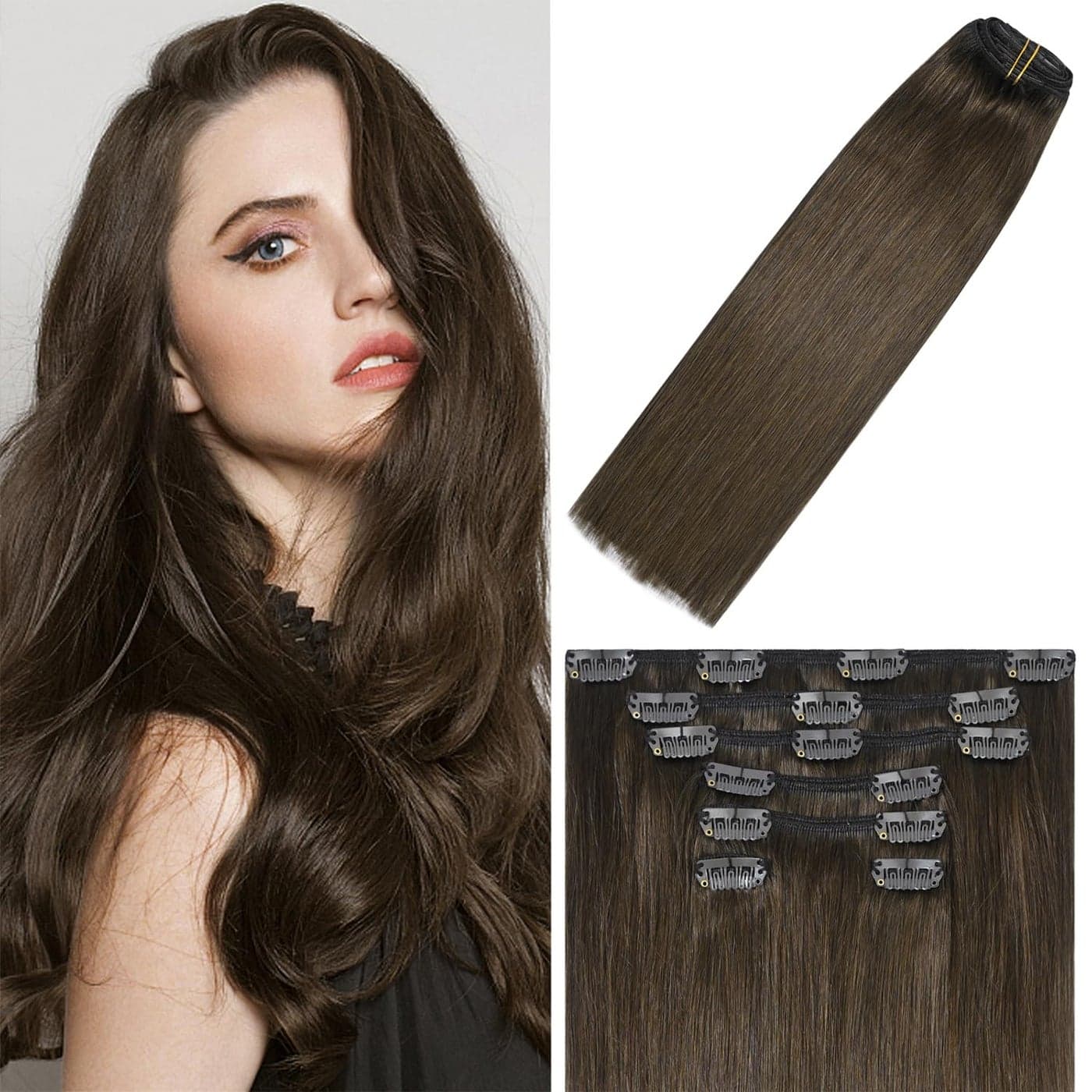 WindTouch Clip in Hair Extensions Real Human Hair Medium Brown Hair Extensions Soft Straight 15Inch 70g 7PCS 4 Chocolate Brown Hair Extensions for Women