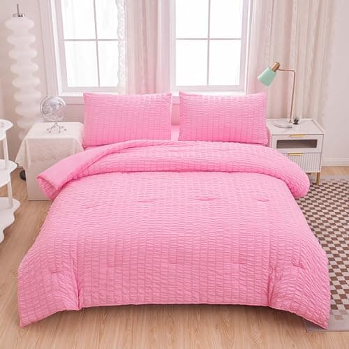 Yadangxiawa Twin Bed in a Bag Pink Seersucker Comforter Set 5-Pieces Microfiber Lightweight Comforter All Season Bedding Sets with Comforter,Flat Sheet,Fitted Sheet and Pillowcases