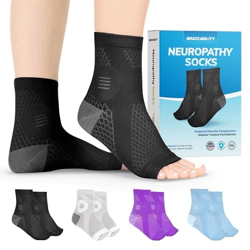 BraceAbility Neuropathy Socks (Pair) - Peripheral Neuritis Compression Diabetic Toeless Foot Sleeves for Nerve Damage Pain in Feet, Ankle Gout, Plantar Fasciitis Relief Brace for Men and Women (M - Black)