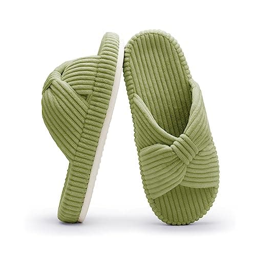 Chantomoo Slippers for Women Memory Foam House Bedroom Corduroy Bow Crossbands Slide Slipper Shoes Comfy Trendy Gift Slippers Avocado Green Size 9 10 8.5