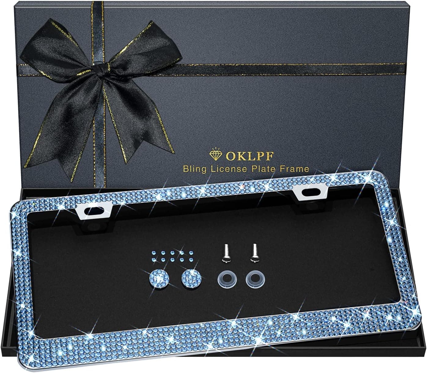 OKLPF Bling License Plate Frame for Women - Sparkly Light Blue Rhinestone Frame with Glitter Diamond Box