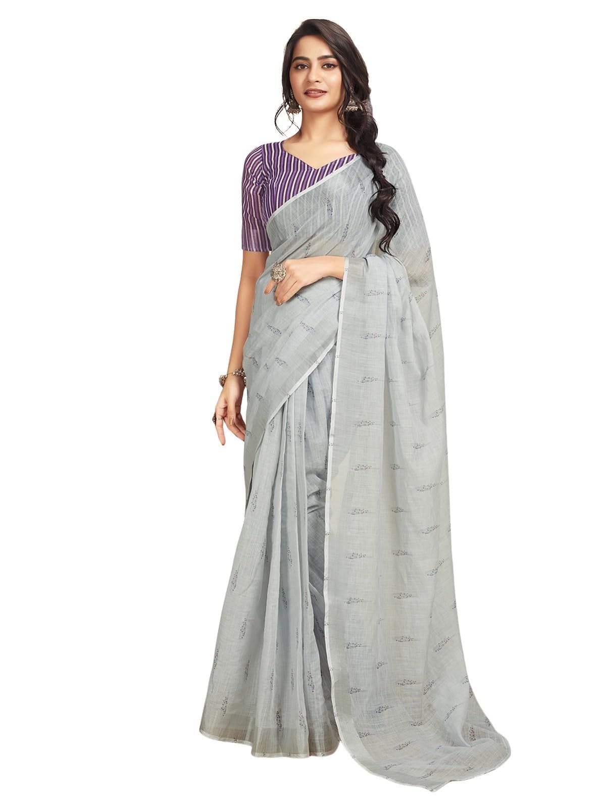Satrani Women's Cotton Printed Zari Stripe Ready To Wear Saree with Unstitched Blouse Piece (18RS163N_Grey4)