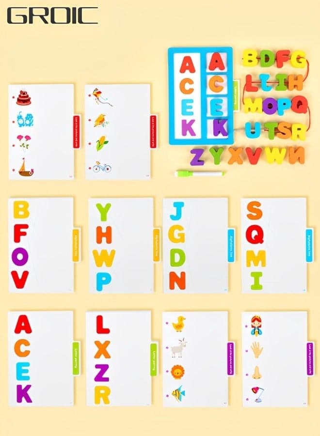 Reading & Spelling Learning Toy, Wooden Toddler Toy Matching Alphabet Word Game, Early Education Cognition Board Puzzle Development Beaded Rope Toys