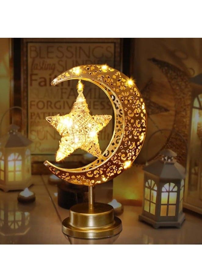 Rustic Moon Lamp for Ramadan Decorations,Battery Operated Metal Rattan Star Moon Ramadan Lights for Home Bedroom Decor Boho Farmhouse Kitchen Dinner Ramandan Table Desk EID Mubarak Decorations
