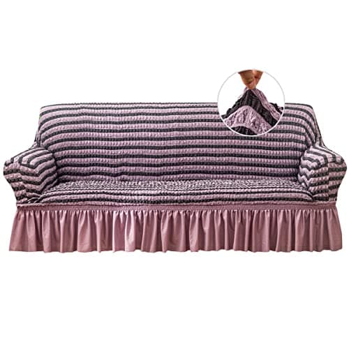 Qubjus Stretch Sofa Slipcover Sofa Covers Washable Sofa Bed Cover Easy Fit Furniture Protector Couch with Elastic Bottom and Skirt (Striped Purple, Medium)