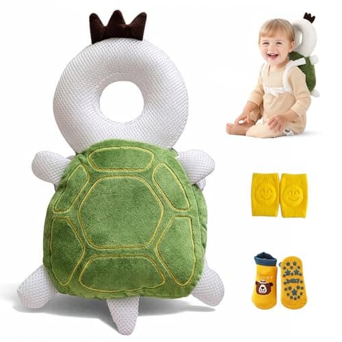 HippoBaby Baby Head Protector Backpack – Toddler Safety Cushion for Crawling & Walking – Infant Fall Protection Pillow with Adjustable Straps – Comes with Knee Pads & Non-Slip Baby Socks (Turtle)