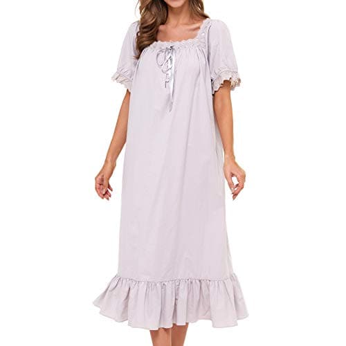 Lu's Chic Women's Victorian Nightgown Cotton Sleepwear Long Loungewear Short Sleeve Soft Nightwear Night Dress Sleep Calf Length Ruffle Nightdress Scoop Neck Lace Solid Grey XX-Large