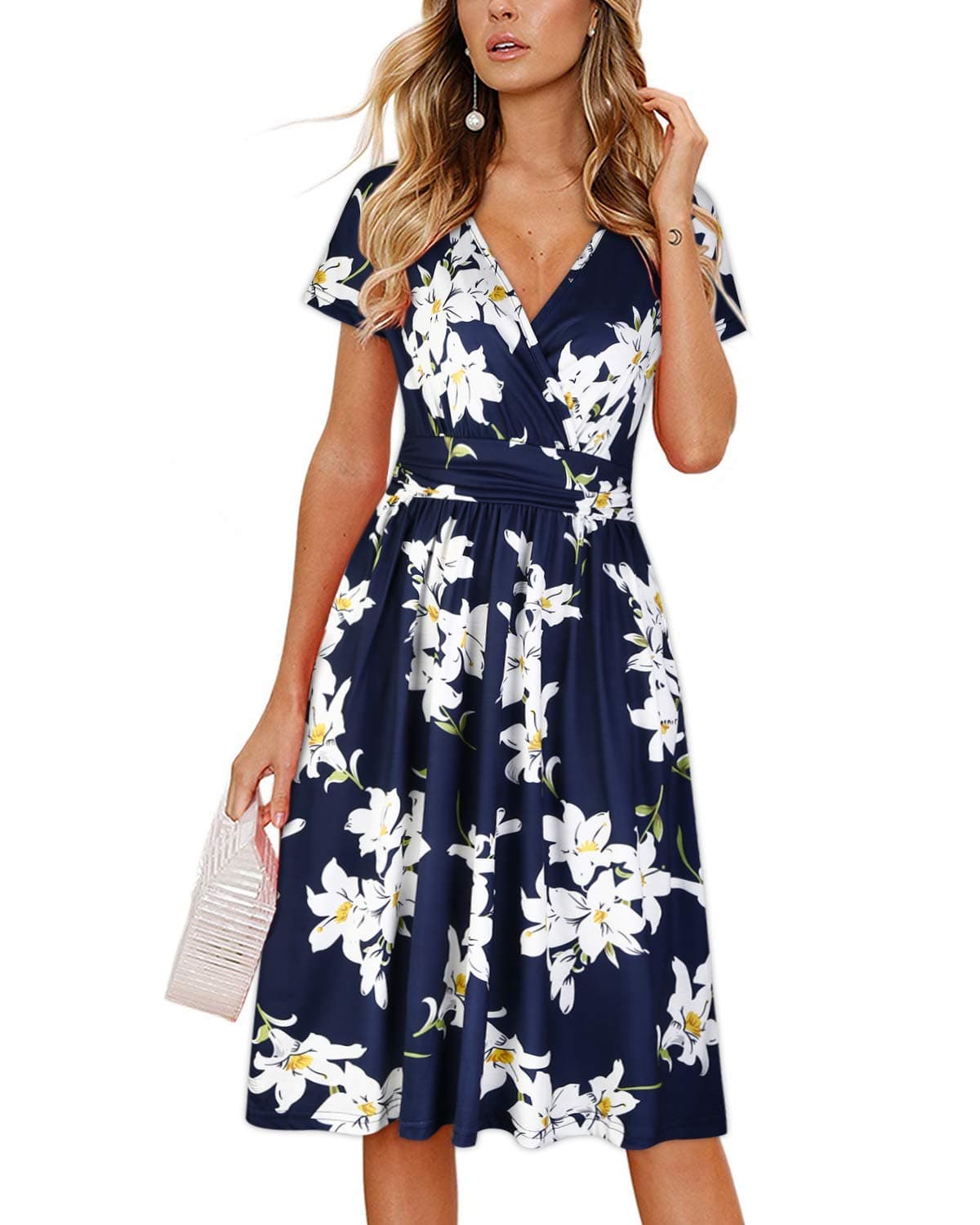 OUGES Women's Summer Short Sleeve V-Neck Knee Length Tropical Dresses with Pockets Summer Plus Size Dress 2025(Floral01,XXL)