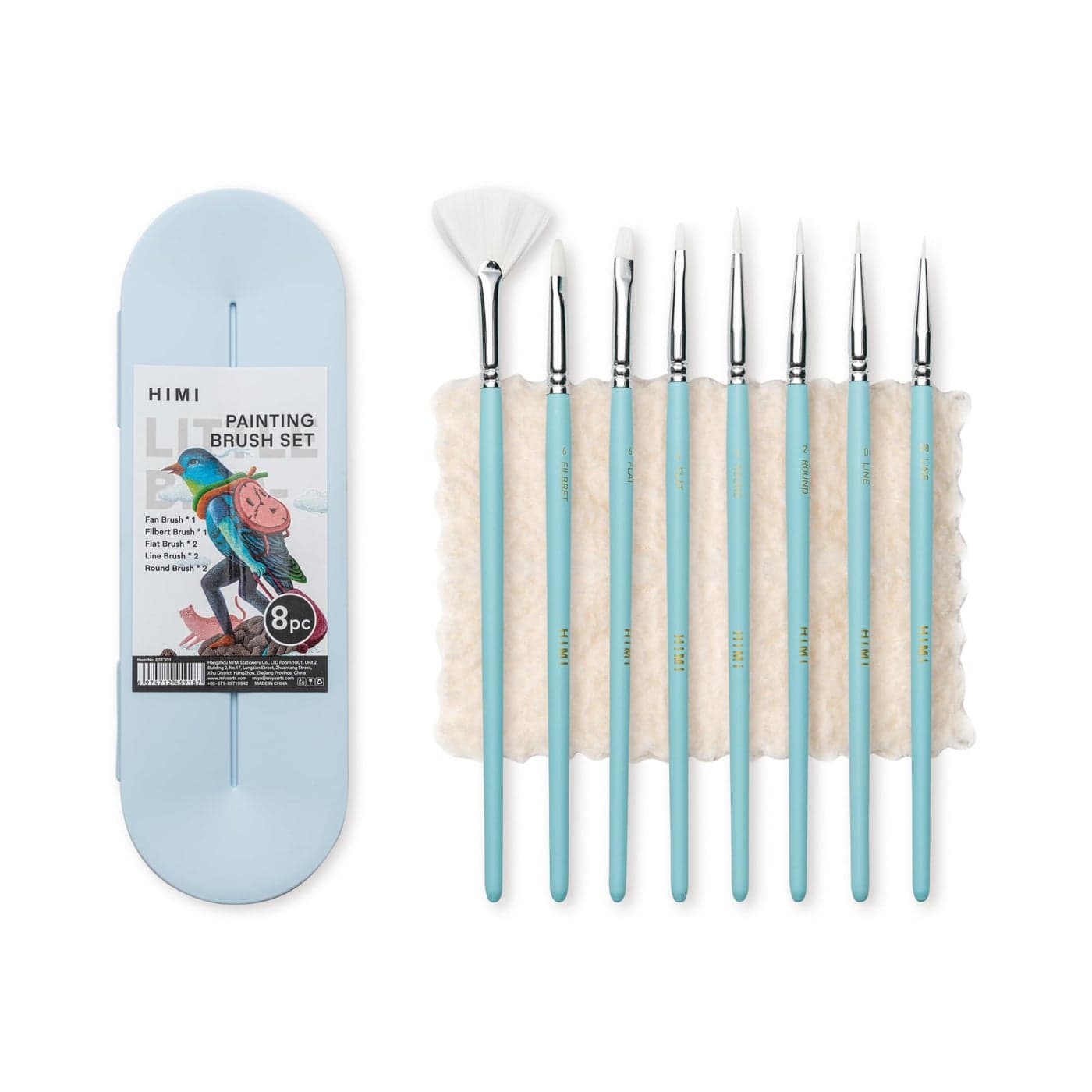 HIMI Paint Brushes Set 8 Pcs for Acrylic Oil Gouache Paint2 Flat 2 Round 2 Liner 1 Filbret 1 Fan 8pcs Brushs Interesting Designed Nice Gift for Art hobbyist Beginners Artists Blue8 Pcs