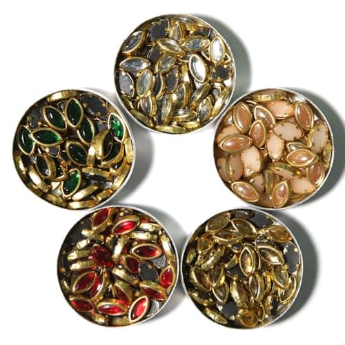 EmbroideryMaterial 5 * 9 MM Flat Back Round Kundan Stone Beads for Craft, Embroidery Work, Jewellery Making, Bangles Making Combo of 5 Colors (250 Pieces, Gold, Silver, Off White, Red, Green)