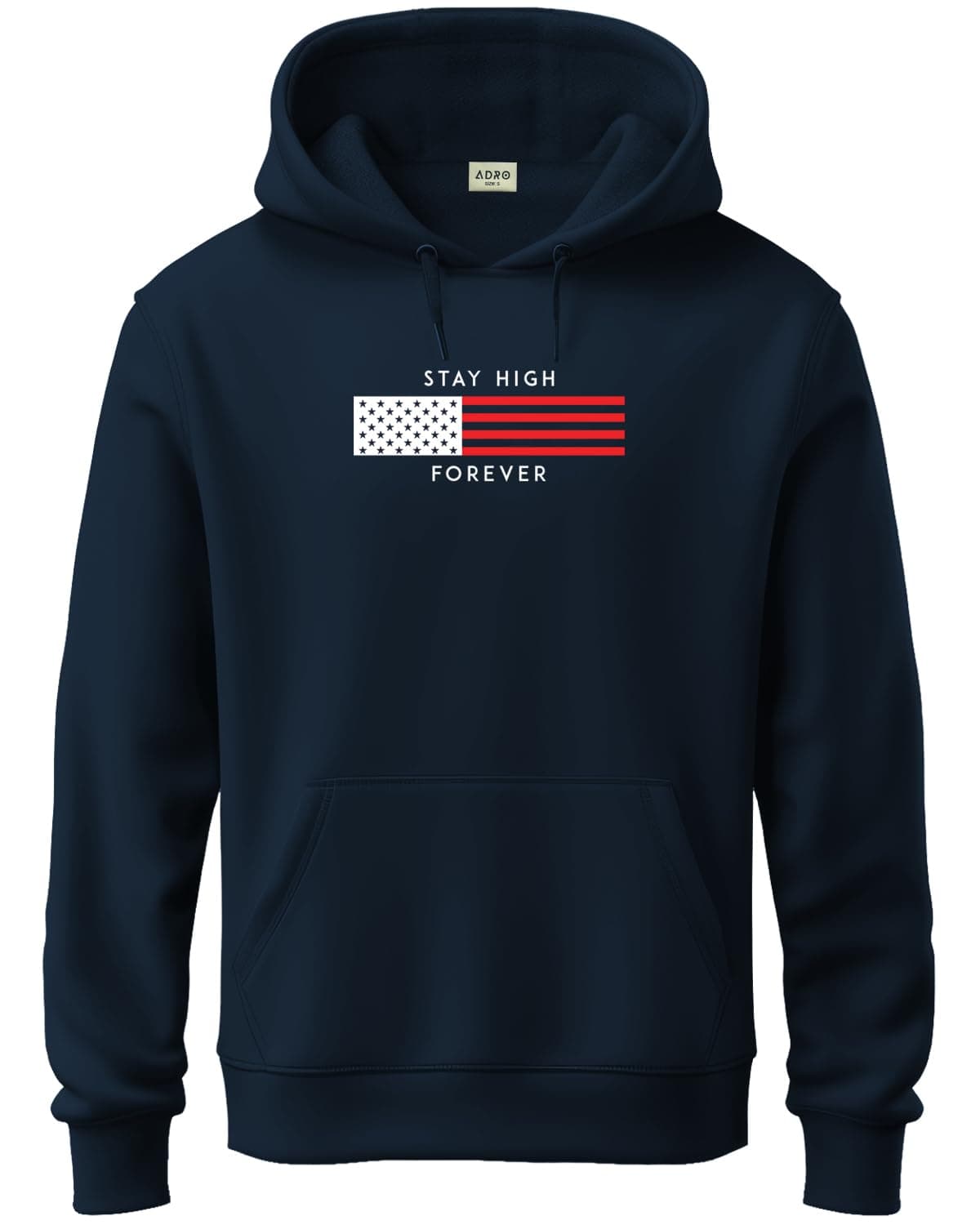 ADRO Men's Cotton Blend Neck Hooded Sweatshirt (H24-FLAG-NB_Navy Blue