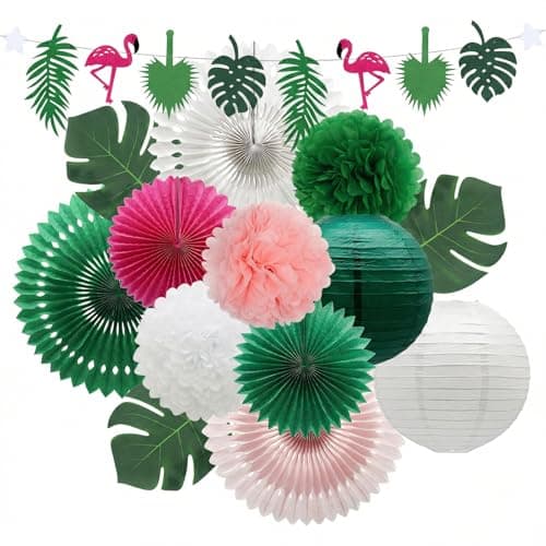14 Pcs Tropical Party Decorations Set PreStrung Flamingo Banner Paper Fans Lanterns Palm Leaves Hawaiian Themed Luau Party Decorations for Summer Beach Pool Birthday