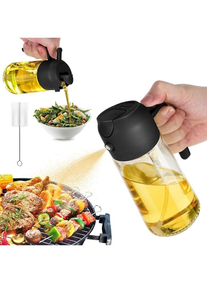 2 in-1 Kitchen Oil Dispenser Bottle Glass, Leakproof Olive Oil Dispenser, Cooking Oil Sprayer with Handle and Clean Brush, Vinegar Oil Sprayer for Oil Cruet, Air Fryer, Barbecue, Black