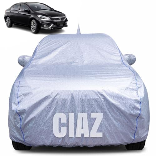 CABIUS 100% Waterproof Car Body Cover for Maruti Suzuki Ciaz with Mirror Pocket, Heat & UV Resistant, Triple Stitched, Soft Lining, Bottom Elastic & Piping (Silver Reflective)