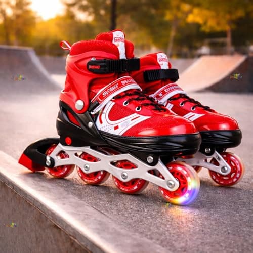 Toy Imagine Adjustable Inline Skates for Kids and Adults (Ages 6-Adult) - LED Light Up Wheels, Comfortable and Durable Roller Blades - Perfect for Beginners and Advanced Skaters (RED).