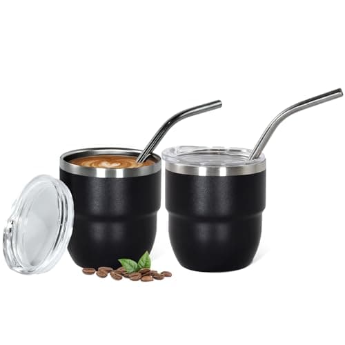 CHLJAR 4oz Stackable Cup Vacuum Insulated Espresso Cup Set of 2 Espresso Shot Glass for Coffee Double Wall Stainless Steel Mini Tumbler Shot Glasses with Straw and Lid