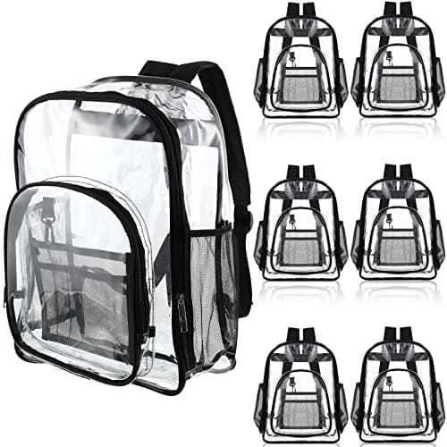 6 Pcs 17 Inch Bulk Clear Backpack Bulk for School Kids Bookbag Transparent Bag Student Large Heavy Duty Back Bag for DonationBlack