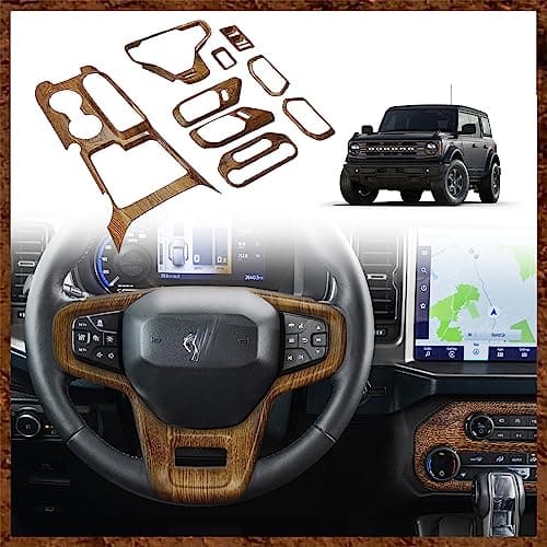 Muslogy Compatible with Ford Bronco 4 Door Set of 9 Interior Modification Accessories Gear Shift Panel Inner Door Handle Bowl Cover Steering Wheel Cover for Bronco 2021 2022 2023 2024 (Wood Grain)