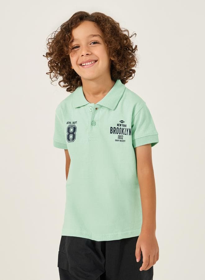 Slogan Print Regular Fit Polo Neck T-Shirt