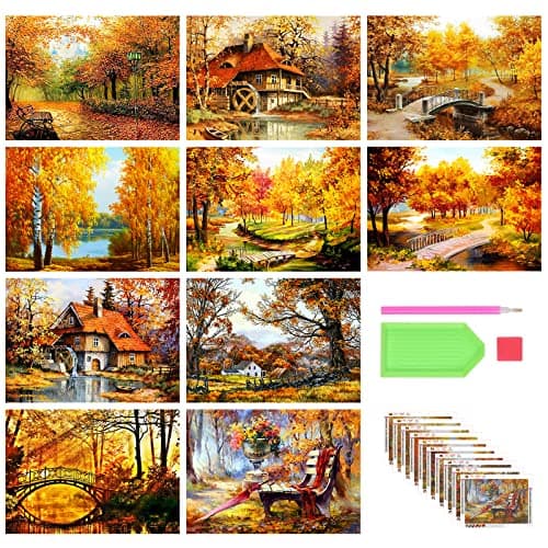 Stalente 10 Pack Diamond Painting Kits for Adults, Landscape Autumn Round Full Drill Diamond Art Kits, 5D DIY Paint with Diamonds Crafts for Home Wall Decoration Gifts 12×16 Inch