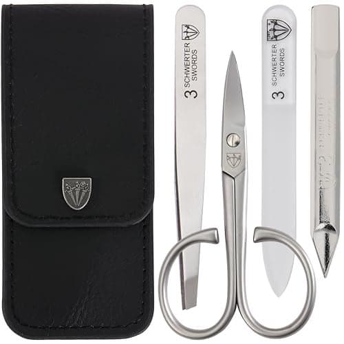 3 Swords Germany - brand quality 3 piece stainless steel INOX manicure pedicure grooming kit set for professional finger & toe nail care scissors file tweezers genuine leather case in gift box (03881)