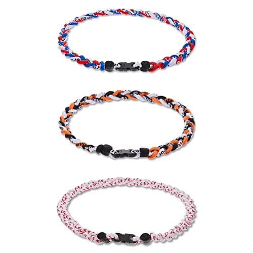 Junkin 3 Pcs Baseball Necklaces Three Braided Rope Titanium Necklace for Team Gifts Boys Men Player Softball Fans Sports (Retro Style)