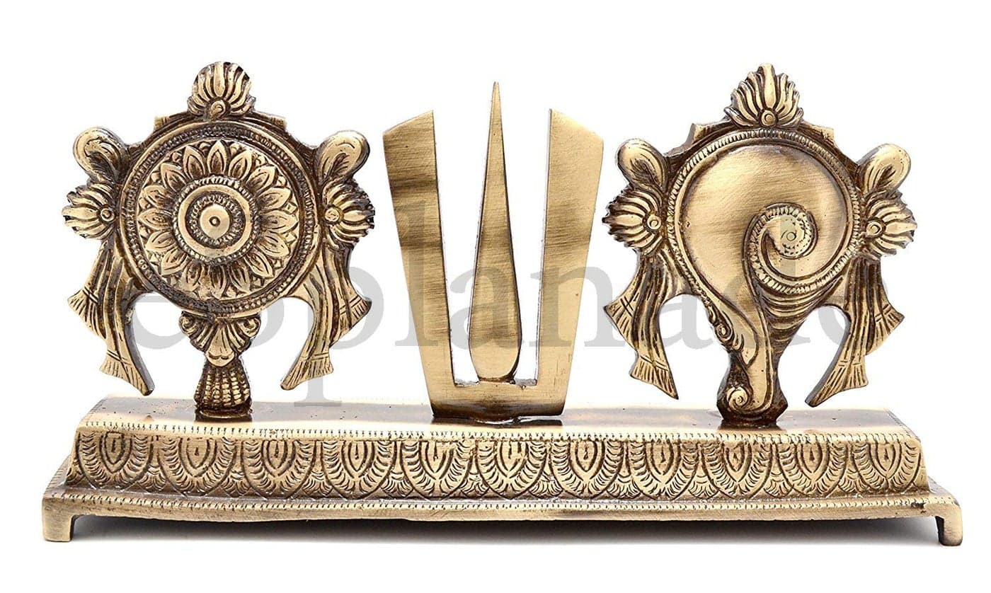 ESPLANADE Brass Shankh Chakra Namah Showpiece Shankha Chakra Tilak Shankha Gada Padma Padmanabha Swami Vishnu Home Decor GoldenBrown 875 Inches L