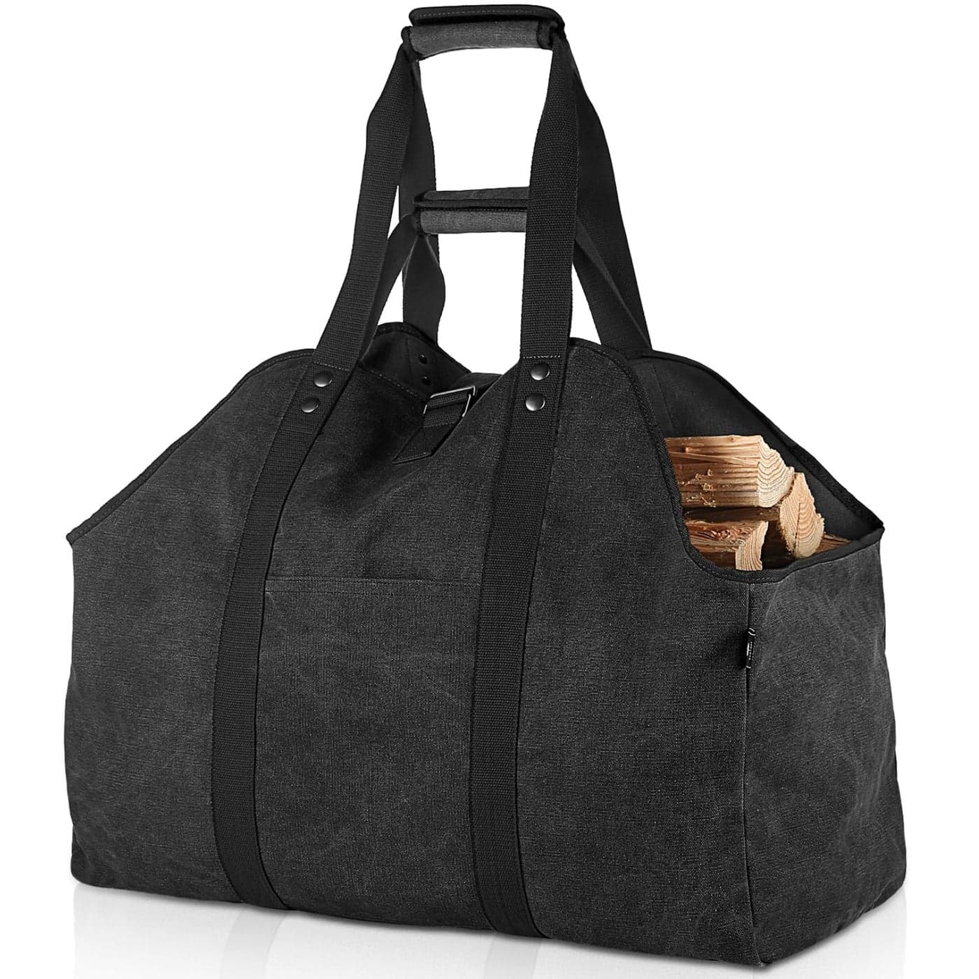 BONTHEE Extra Large Waterproof Firewood Log Carrier Canvas Firewood Holder Indoor with Shoulder Strap and Top Handles Contained WeightRelief Pad for Easy Carry Black