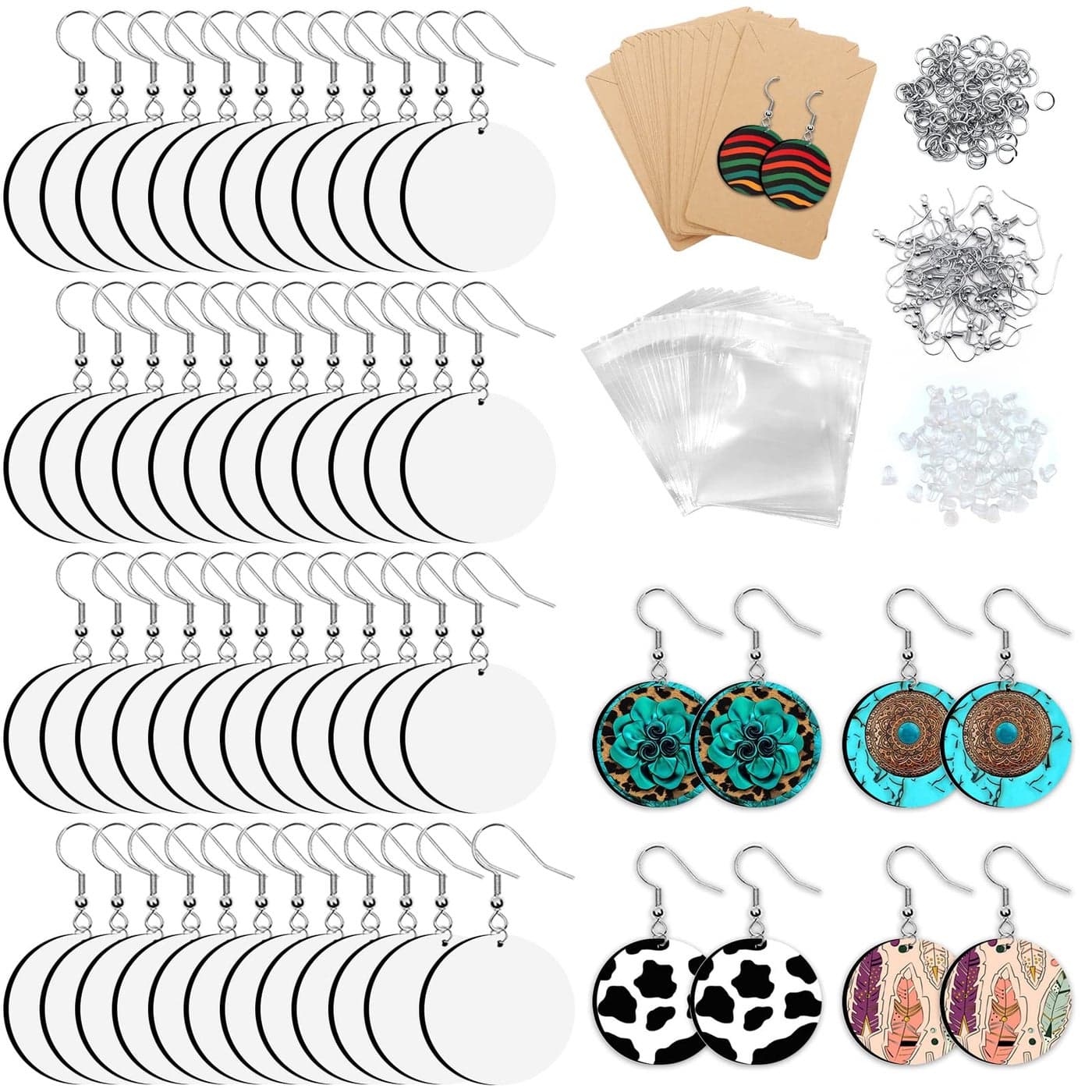 ZOCONE 60 Pcs Sublimation Earrings Blank Bulk Sublimation Printing Earrings Unfinished Rectangular Heat Transfer Earring Pendant with Earring Hooks Cardboard Bags for Women DIY Earring Round