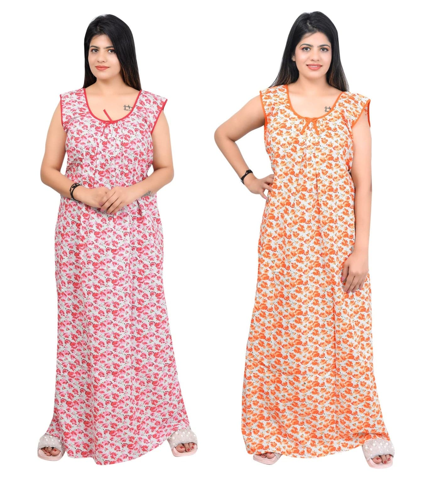 Magnen Pure Cotton Maxi Floral Print Floor Length Sleeveless Nighty Dresses for Women's, (Pack of 2) (XL, Red & Orange)