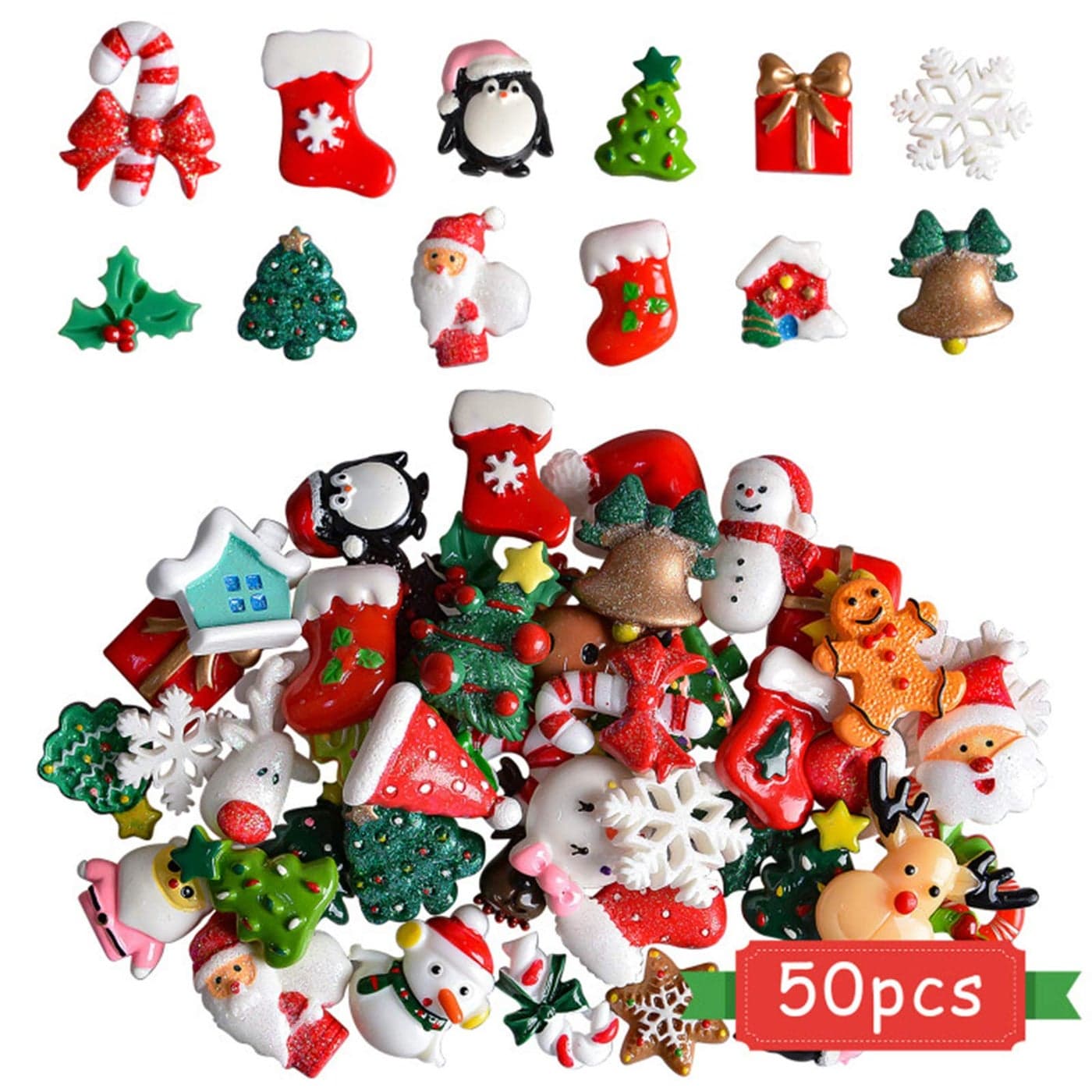 Kalolary Christmas Assorted Craft Resin Ornaments Miniature Ornaments Santa Snowman Tree Bell Resin Decoration for Craft Making Ornament Scrapbooking DIY Crafts50Pcs