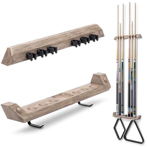 GoSports Wall Mounted Pool Cue Stick Holder - Holds 6 Billiards Cues and 2 Triangle Racks - Oak