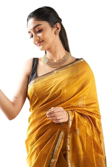 Flosive Women's Mix Color & Golden Cotton Wedding Saree With Blouse (YELLOW)