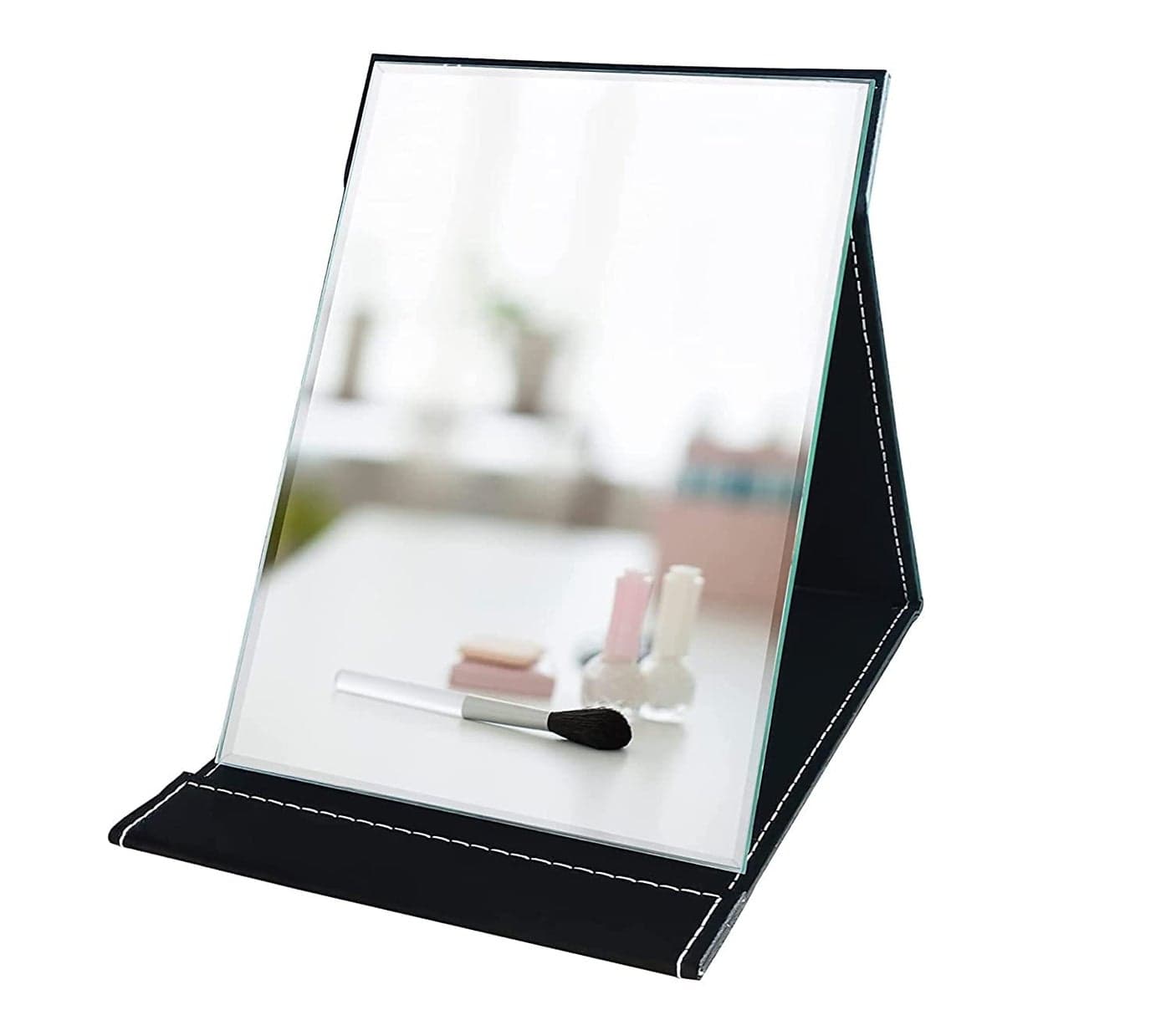 Agabani Folding Round Compact Mirror - PU Leather Vanity with Stand for Desk, Camping, Travel - Personal Tabletop HandMirror - Princess Square Makeup