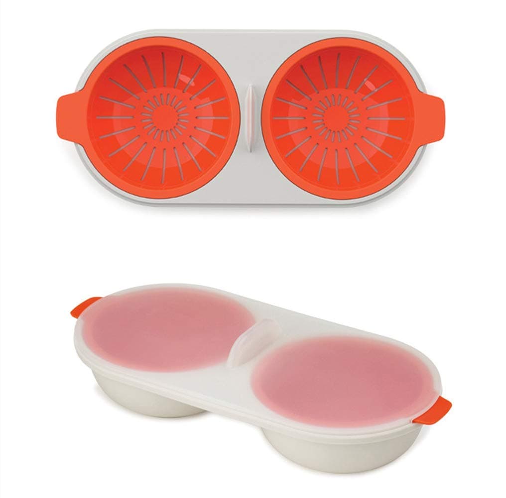 Leeonz Microwave Eggs Poacher Microwavable Double Layer Egg Boiler Cooker Drain Egg Poacher Double Cup Egg Boiler Double Egg Poacher Non-Stick Egg Cooker Egg Steamer Kitchen Tool Cookware (Red)