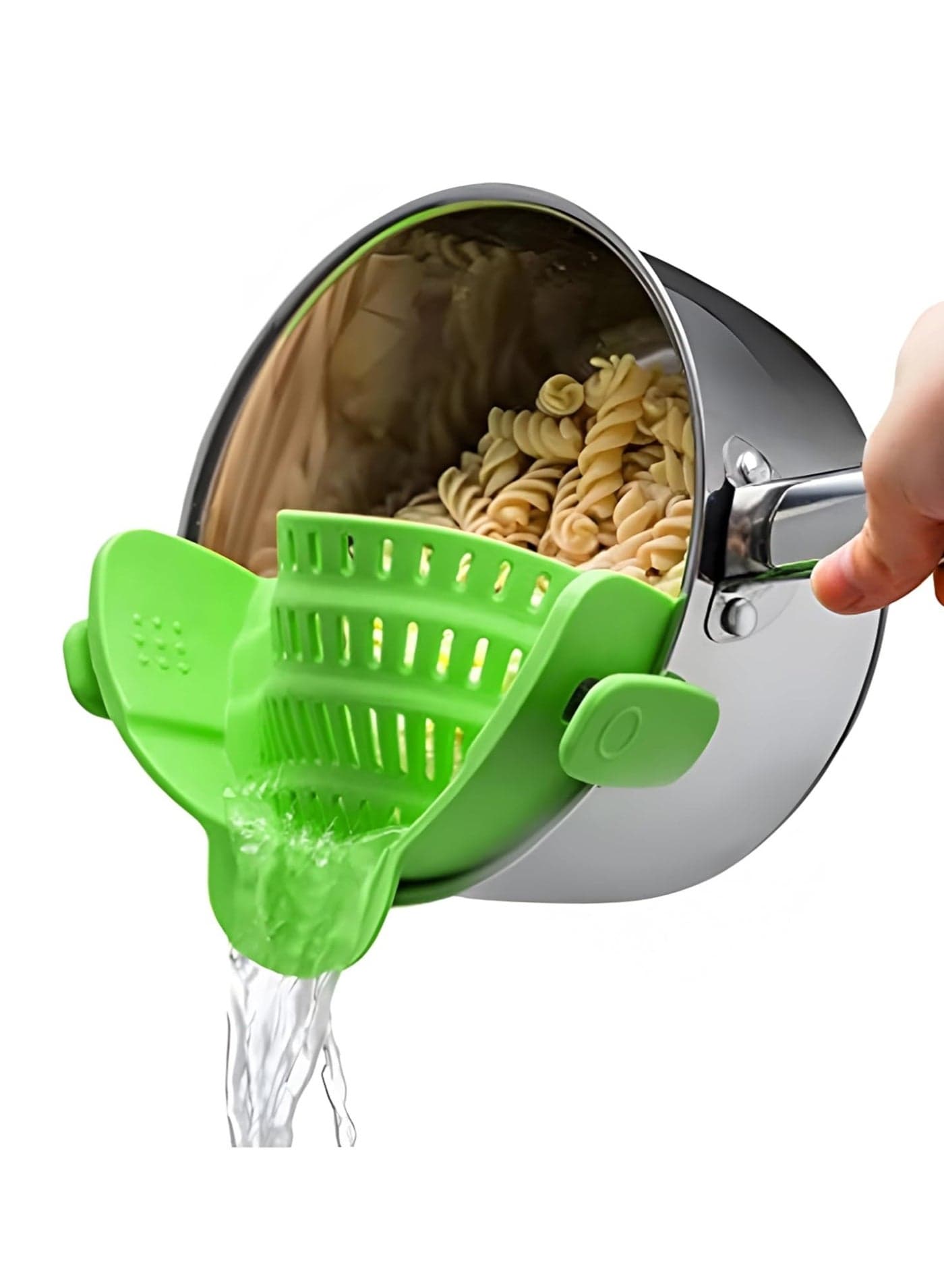 Strain - Collapsible Colander - Clip-On Strainer for Pots and Pans, Cool Kitchen Gadgets - Essential Kitchen Finds and Cooking Tool - Easy to Use, Space-Saving Design, Green