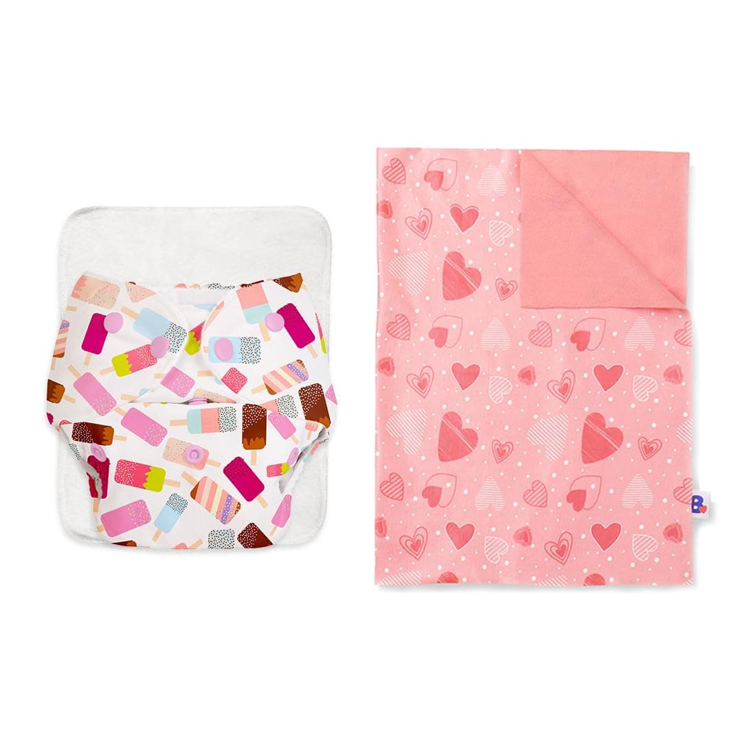SuperBottoms Basic Icecream Print diaper with soaker | BASIC Bed Protecting Mat Peppy Pink print Medium size - Bed & Floor Protector/Playmat, Super Light-Weight, 8.5X Absorbent